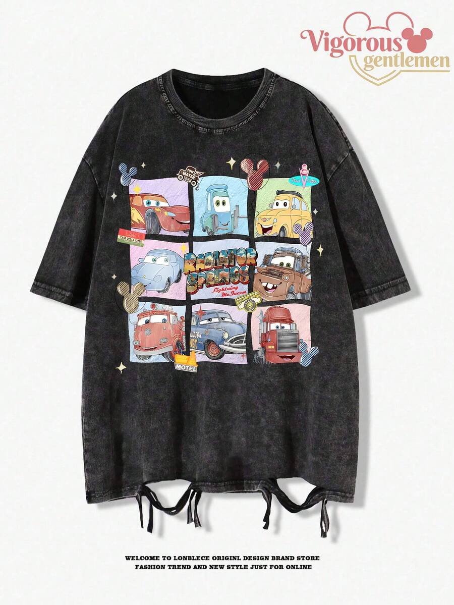 Disney Cars "Radiator Springs" Characters Grid Vintage Washed Oversized Tee - màu đen - Xem 1