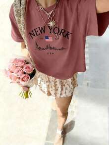 Women's Short-Sleeved T-Shirt With A Round Neck And Simple Slogan Print, Casual Summer Style, Loose Fit, Ideal For Everyday Wear And Holidays. Women's T-Shirt. - 中紫紅色 - 查看 6