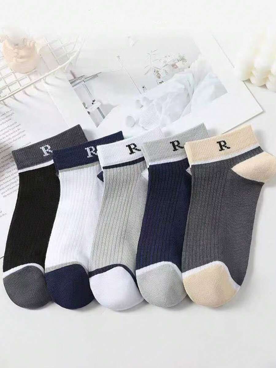 5 Pairs Unisex Letter R Crew Socks, Colorblock Breathable Casual Sports Short Socks - Multicolor - View 1