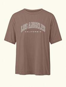 Camiseta de Verano Premium para Mujer con Estampado Inspirado en Los Ángeles, California, Camiseta Casual de Cuello Redondo y Corte Holgado con Patrón Gráfico de Letras - Albaricoque - Ver 8