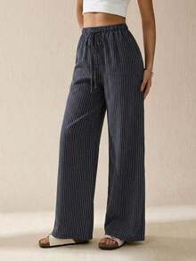 Tall Pantalones largos de mujer casuales de uso diario con estampado a rayas y estampados para primavera/verano - Negro - Ver 5
