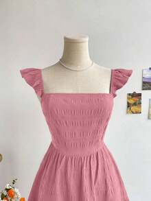 Vestido mini de mujer para vacaciones, de color caqui marrón, con textura de ramitas y hojas, de tela, con mangas de tipo gorro, espalda abierta y cintura con lazo, apto para fiesta, cita, té de la tarde, estilo bohemio, festival de música, carnaval, playa. - Rosa - Ver 4