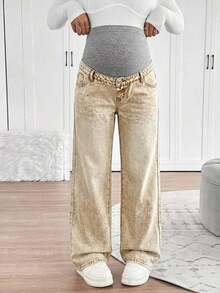 Jeans casuales de maternidad de pierna recta y holgados - Caqui - Ver 1