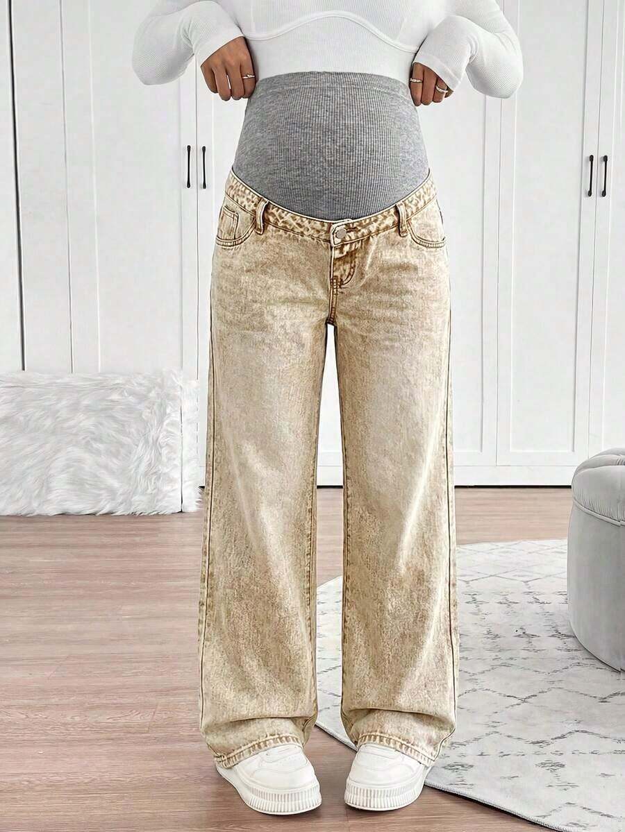 Jeans casuales de maternidad de pierna recta y holgados - Caqui - Ver 1