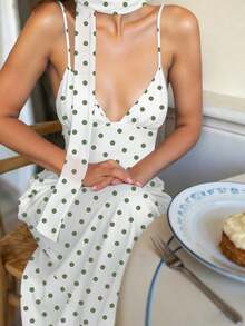 Vestido con estampado de lunares y tirantes para espalda descubierta para mujeres - Blanco - Ver 12