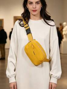 Solid Color Nylon Fabric Fashion Mini Solid Color Canvas Versatile Simple Travel Chest Bag, Fashion Phone Pouch Coin Purse, Sporty - Yellow - View 2