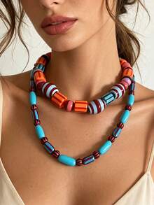 1 Set Bohemian Style Contrast Color Resin Striped Beaded Multi-Layer Necklace, Retro Personalized Layered Necklace Accessories For Women - Colorful Multi-layered Necklace - View 1