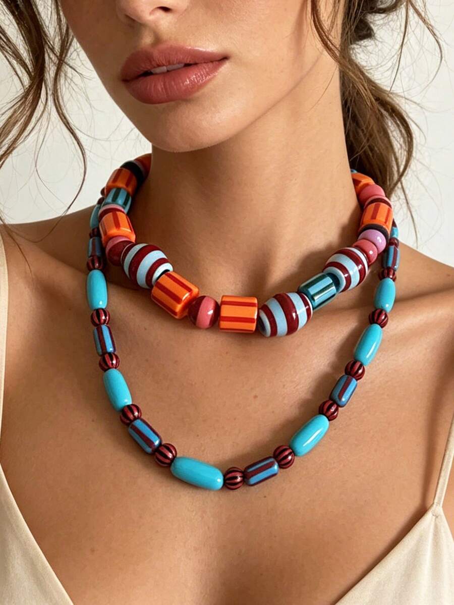1 Set Bohemian Style Contrast Color Resin Striped Beaded Multi-Layer Necklace, Retro Personalized Layered Necklace Accessories For Women - Colorful Multi-layered Necklace - View 1