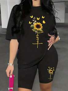 Black T-Shirt With A Sunflower And Butterfly Design, Y2K Style, Ideal For Spring And Summer. Highlight Your Unique And Modern Style. Perfect For Women. All Kinds Of Prints, Jacket, Round Neck T-Shirt, Casual, For The Office, For Travel, Very Popular, Sporty Style, Print/Pattern, 100% Cotton T-Shirt, Casual T-Shirt, Comfortable, Soft, Breathable. The Latest Popular Bestseller, Vibrant And Casual Combinations. Enjoy Comfort And Originality In Every Garment. Get This Exclusive Party T-Shirt Now! - 黑色 - 查看 8