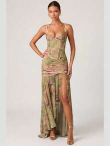 Women's Short Printed Strappy Dress - High Waist With Side Slit, Beachy Holiday Style - New Arrival Summer 2026 - 綠色 - 查看 7