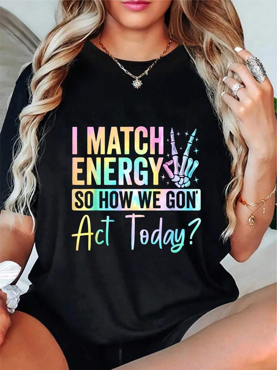 "Absorbo energía, ¿entonces cómo debemos actuar hoy?" Camiseta, 100% algodón, cuello redondo, estilo casual, camiseta para parejas, adecuada como regalo para novio, novia, esposo, esposa, camiseta para parejas en el Día de San Valentín. - Negro - Ver 1