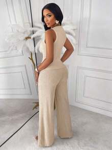sin mangas a rayas Amarilo y pantalones rectos, conjunto de dos piezas, elegante y de negocios casual, último conjunto de mujer elegante para primavera/verano - Albaricoque - Ver 2