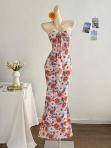 Vestido maxi de mujer con cuello halter, ajustado, con detalles de hebilla metálica y degradado romántico de malla de punto, adecuado para fiesta, cita, té de la tarde, sexy y elegante - Multicolor 2 - Ver 10