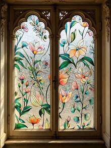 1 Roll Of Vibrant Botanical Pattern Glass Decal, Removable Decorative Privacy Window Film - Green Crescent - View 9
