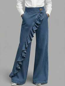 Summer Women'S Casual Irregular Washed Retro Mid-Waist Straight Leg Jeans - Dark Blue - View 8