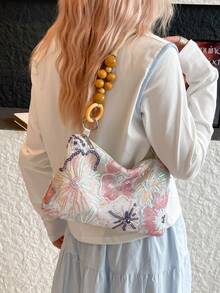 1pc Floral Sequin & Beaded Decor Woven Wooden Bracelet Handbag Retro Beach Style Women Zipper Shoulder Bag Suitable For Vacation Shopping Working - Multicolor - View 3
