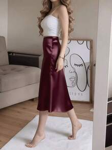 negro elegante de talle alto con abertura alta y botones para mujer, primavera - Burdeos - Ver 4
