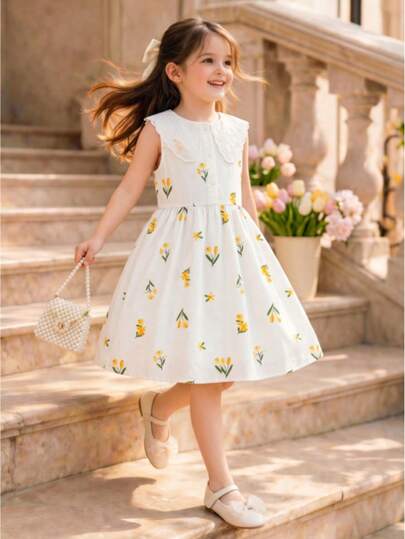 Đầm mùa hè không tay in hoa cổ Peter Pan cho bé gái