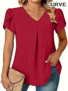 Plus Size Women V-Neck Solid Color Petal Short Sleeve Blouse Summer Red - Red - View 1