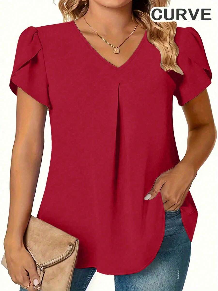 Plus Size Women V-Neck Solid Color Petal Short Sleeve Blouse Summer Red - Red - View 1