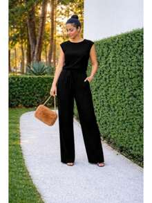 conjunto feminino blusa a cinturada e calça confortavel com forro e amarração na cintura luxo casual elegante - Preto - Visão 3