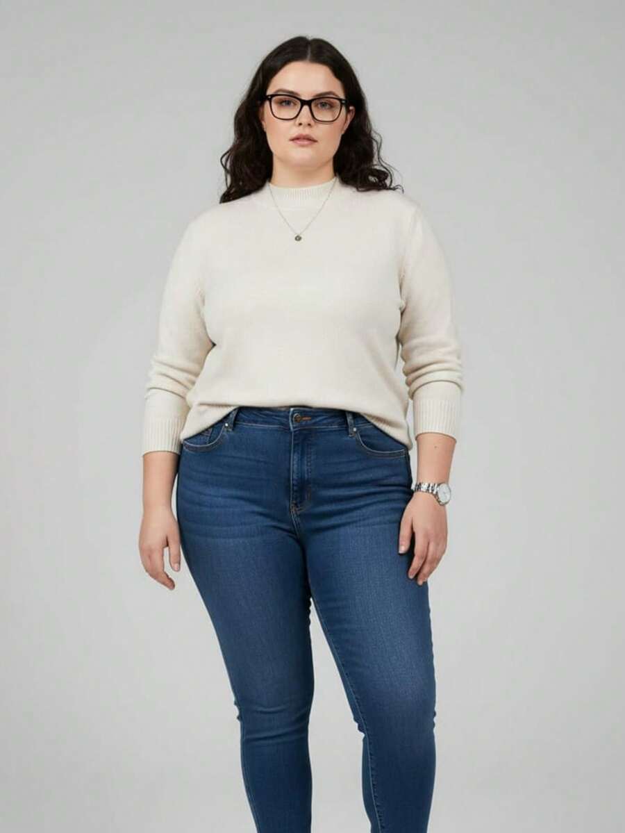 Vivi Women's Plus Size Wool Sweater For Cold Weather, Basic Knit, Long Sleeve - 米色 - 查看 1