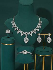 4 pezzi Set di gioielli da sposa con zirconi scintillanti, stile mediorientale di Dubai, collana, orecchini, anello, bracciale per donne matrimonio - Verde - Visualizzare 1