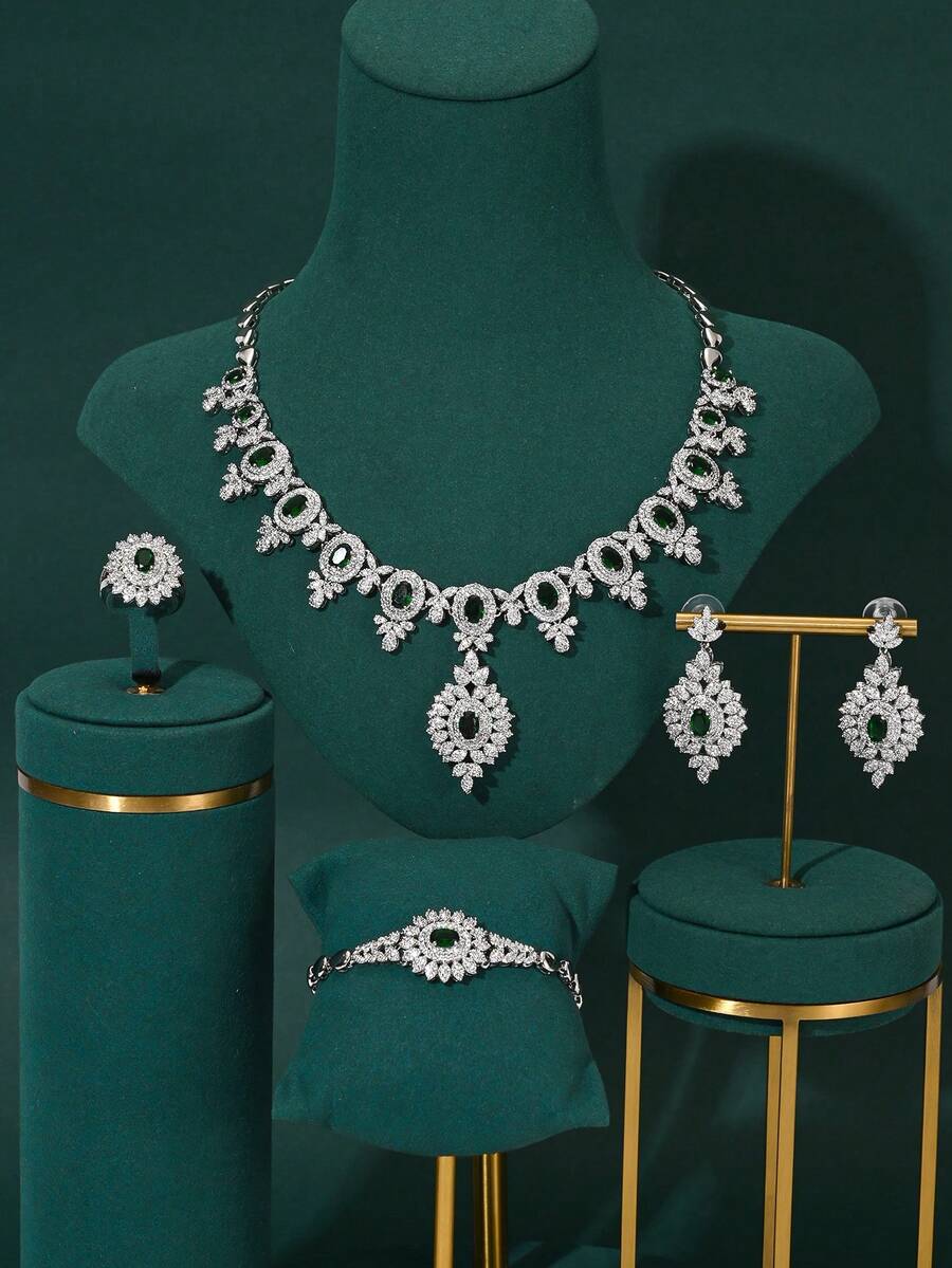 4 pezzi Set di gioielli da sposa con zirconi scintillanti, stile mediorientale di Dubai, collana, orecchini, anello, bracciale per donne matrimonio - Verde - Visualizzare 1