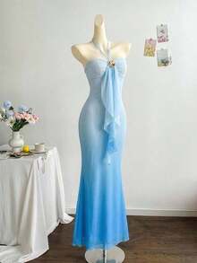 2026 Women's Romantic Gradient Mesh Knit Holiday Dress With Halter Neck, Bow And Decorative Metal Buckle, Mermaid Cut, Suitable For Parties, Dates, Afternoon Tea, Sexy And Elegant - 黑與白 - 查看 10