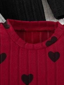 3pcs/Set Kaos Lengan Panjang Leher Bulat Motif Bordir Hati untuk Anak Perempuan, Atasan Kasual, Musim Semi & Gugur - Burgundy - View 3