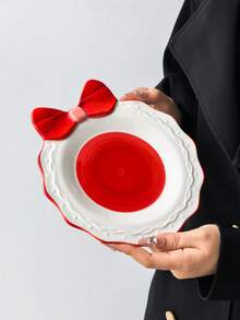 1pc Colorful Bowknot Ceramic Plate, Ins Style Creative Handpainted Embossed Plate, Bowknot Design & Colorful Round Plate, Suitable For Daily Western Dining, Birthday Cake, Snacks, Storage, Dishwasher - Multicolor - View 14