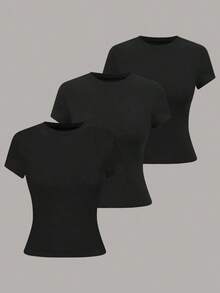 Camiseta casual de mujer de manga corta con cuello redondo de unicolor para verano - Negro - Ver 1