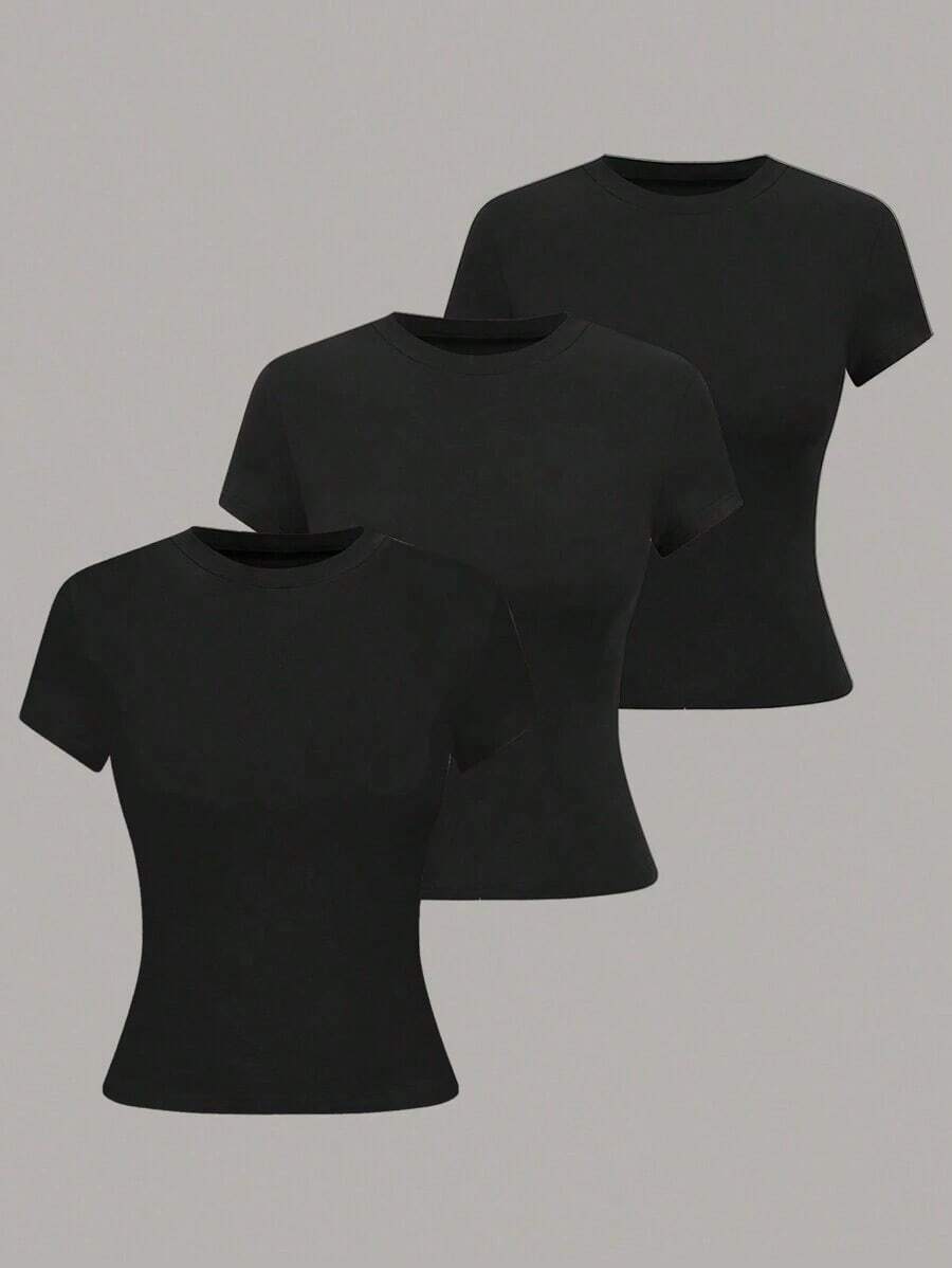Camiseta casual de mujer de manga corta con cuello redondo de unicolor para verano - Negro - Ver 1
