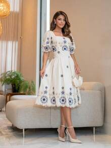 Elegant Embroidered Viscose Midi Dress With Short Sleeves. - Blue and White - View 1