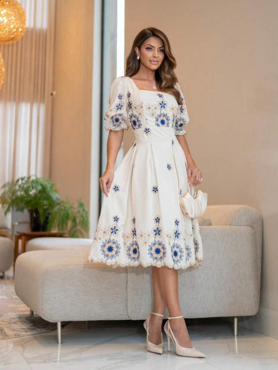 Elegant Embroidered Viscose Midi Dress With Short Sleeves. - Blue and White - View 1