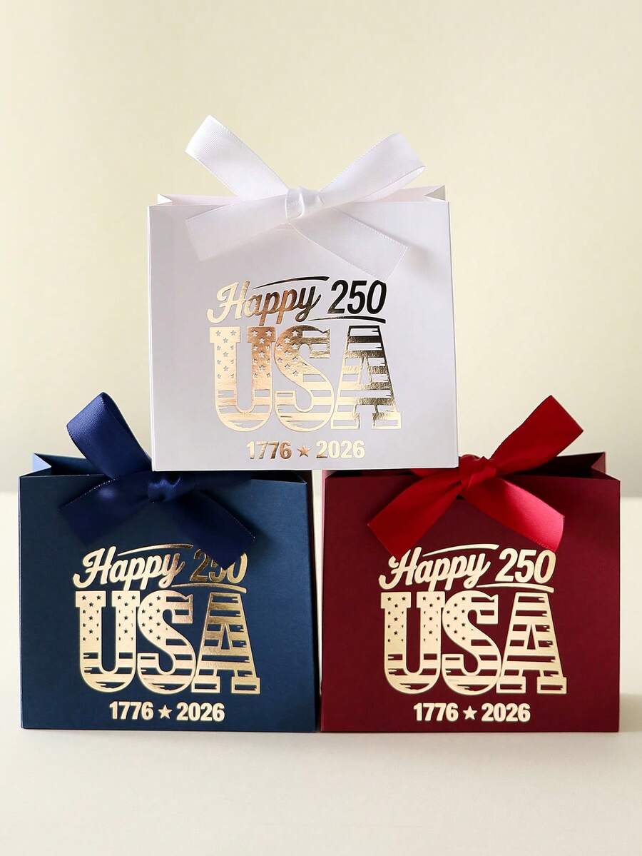 250th Independence Day Happy USA Foil Gift Bag, American National Day Party Souvenir Box, July 4th Holiday Decor Red Blue White Paper Bag, Summer Celebration Favor Packaging With Bow Design, Patriotic Metallic Feel Party Supplies