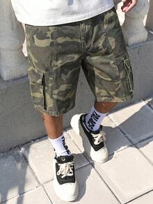 Pantalones cortos cargo de camuflaje americano vintage para hombres, pantalones cortos Bermuda anchos y sueltos con múltiples bolsillos, pantalones cortos vaqueros de trabajo sueltos y casuales de estilo callejero, versátiles para el uso diario y el verano - Verde - Ver 2