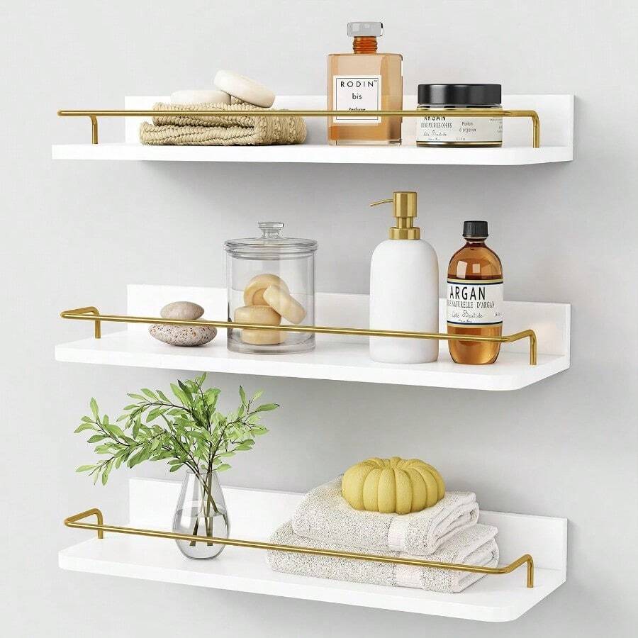 Gold Floating Shelves For Wall Decor Set Of 3, Bathroom Shelves Over Toilet, Modern Display Wall Shelf With Guard Rail For Living Room Bedroom Organizers And Storage - White And Gold - Trắng và Vàng - Xem 1