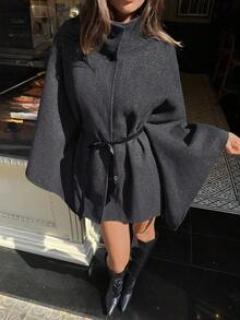 Abrigo de lana con cuello alto, mangas de murciélago, cintura ceñida para mujer en otoño/invierno - Gris 2 - Ver 8