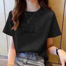 Camiseta de manga corta para mujer, camisa coreana con cuello redondo, tops estampados - H501-negro - Ver 5