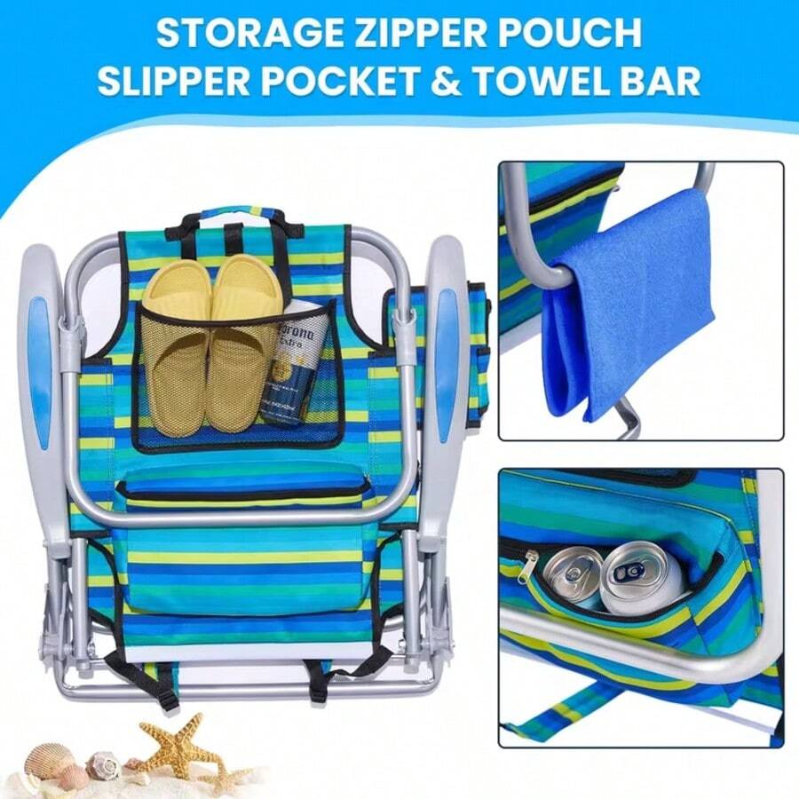 1PC Portable Beach Chair For Adults- Reclining Camping Chair With Headrest& Cup Holder, Lightweight Foldable Design For Backpacking, Ocean Striped Pattern(Heavy Duty) - 彩色 - 查看 1