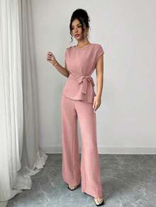azul plisada con lazo ajustable en la cintura y pantalones anchos de tiro alto con bolsillos, conjunto elegante y casual para la oficina - Rosa - Ver 3