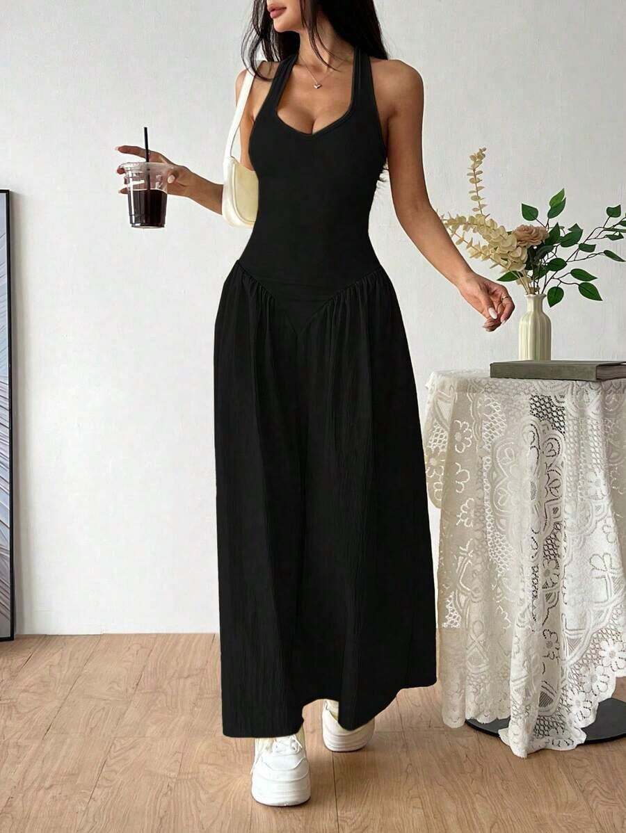 Vestido de escote en V profundo francés, sexy, con detalle de halter, empalmado y con la cintura fruncida - Negro - Ver 1