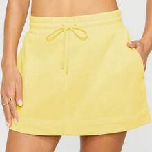 Women Athletic Skirt Solid Color Drawstring High Waist Short Pencil Skirts For Yoga Running - 淺黃 - 查看 1