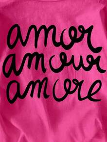 Camiseta de manga corta con cuello redondo y estampado de letras, de uso casual y versátil para uso diario - Rosa Fucsia - Ver 5