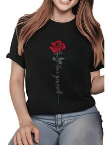 1 camiseta casual de manga corta para mujer con estampado de rosas rojas, 100% algodón grueso - cuello redondo cómodo, camiseta suave y bonita, 180g 100% algodón. - Negro - Ver 1