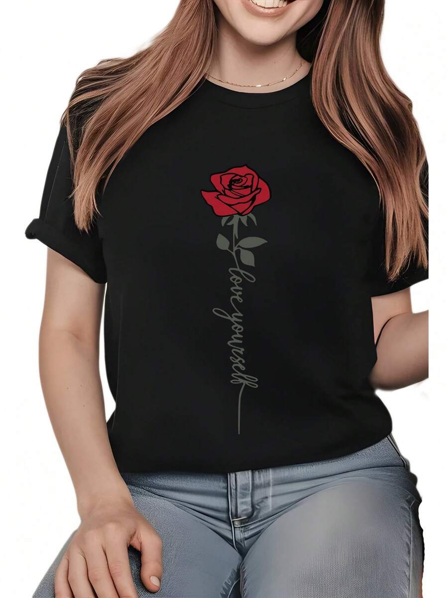 1 camiseta casual de manga corta para mujer con estampado de rosas rojas, 100% algodón grueso - cuello redondo cómodo, camiseta suave y bonita, 180g 100% algodón. - Negro - Ver 1
