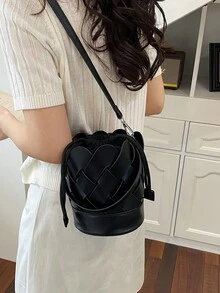 新款独特镂空编织水桶包,简约风格,休闲百搭,适合日常通勤和街头潮流的女士单肩手提包 - 黑色 - 查看 7