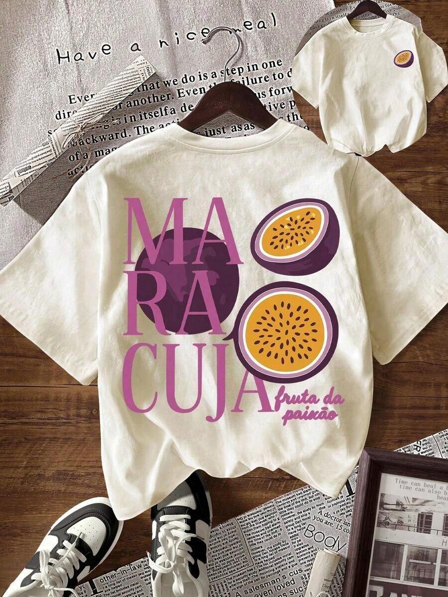 Camiseta casual versátil de mujer con cuello redondo y manga corta, con estampado de letras y frutas-Vintage Street Style Unisex Loose Cotton Short Sleeve Crew Neck T-Shirt - Albaricoque 2 - Ver 1