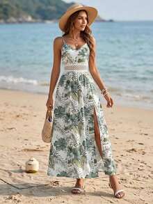 Women's High Slit V-Neck Maxi Dress Floral Print Sleeveless Sundress Spaghetti Straps A Line Dresses With Cut Out Waist For Summer Casual And Mother's Day Gift - màu xanh lá - Xem 5